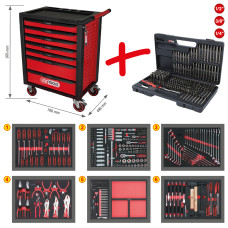 KS TOOLS RACINGline MELNS/SARKANS pārvietojams darbnīcas plaukts ar 7 atvilktnēm un 598 Premium klases instrumentiem